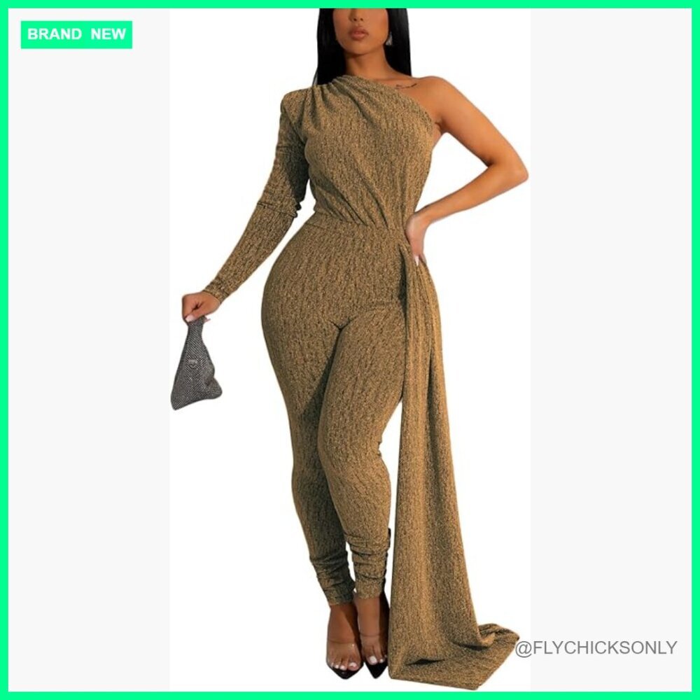 Sparkly One Shoulder Long Sleeve Bodycon Jumpsuit with Belt Rope